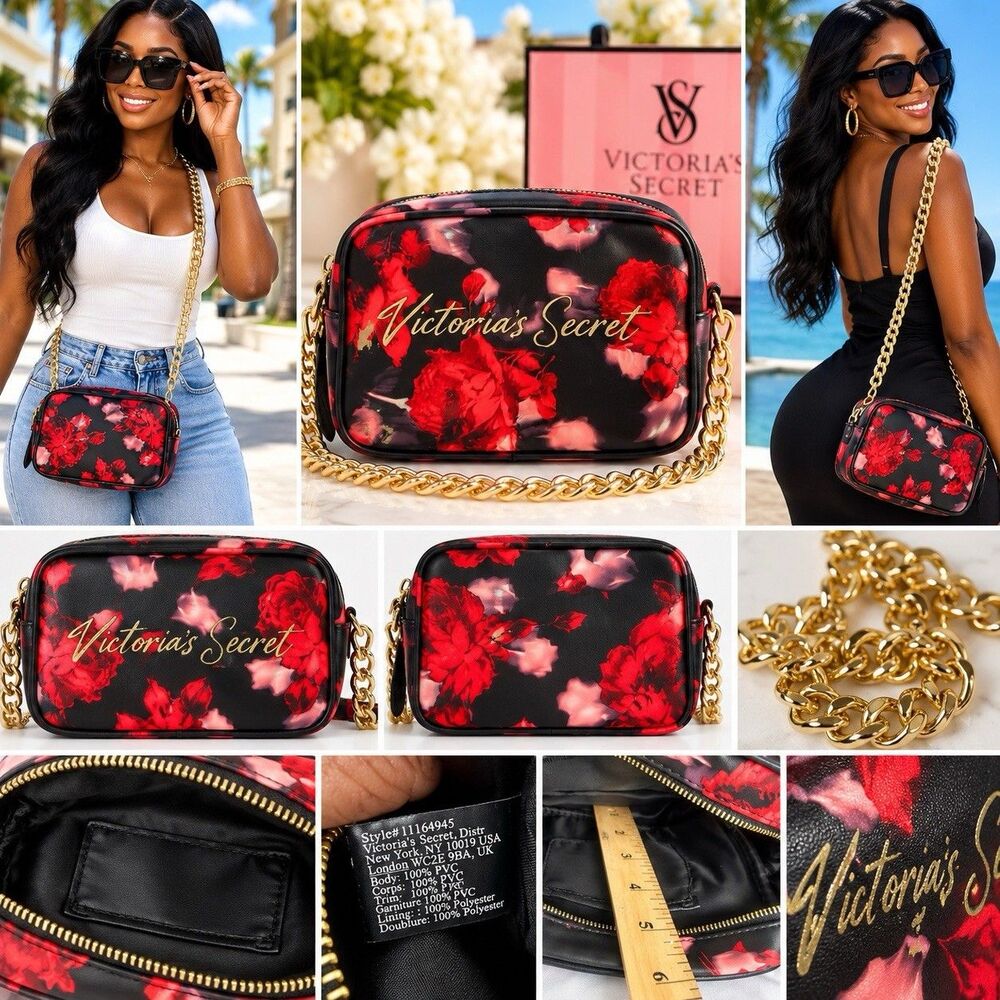 Victoria's Secret Floral Crossbody Bag Black Red Pink Zip Gold Chain Strap